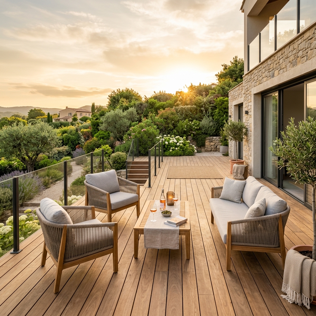Terrasse en bois moderne avec vue sur jardin